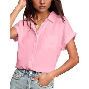 imageHOTOUCH Women Waterproof Button Down Shirt Solid Work Business Blouse StainResistant Short Sleeve TopsPink
