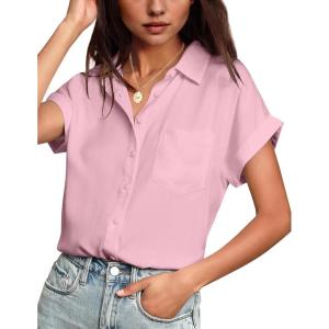 imageHOTOUCH Women Waterproof Button Down Shirt Solid Work Business Blouse StainResistant Short Sleeve TopsRusty Rose