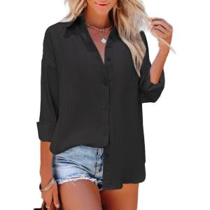 imageHOTOUCH Womens Button Down Shirt Casual Long Sleeves Loose fit Classic Collared Blouses Fasion Textured Top with PocketsBlack