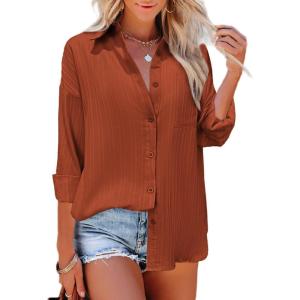 imageHOTOUCH Womens Button Down Shirt Casual Long Sleeves Loose fit Classic Collared Blouses Fasion Textured Top with PocketsCaramel