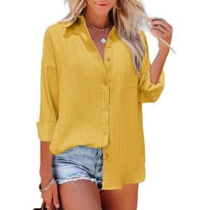 imageHOTOUCH Womens Button Down Shirt Casual Long Sleeves Loose fit Classic Collared Blouses Fasion Textured Top with PocketsGinger