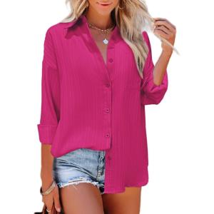 imageHOTOUCH Womens Button Down Shirt Casual Long Sleeves Loose fit Classic Collared Blouses Fasion Textured Top with PocketsHot Pink