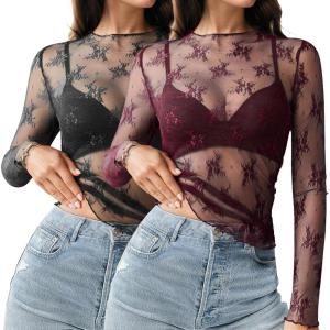 imageHOTOUCH Womens Mesh Sheer Tops Long Sleeve Layering Top Mock Neck See Through Floral Lace Shirt BlouseBlack  Burgundy