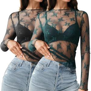imageHOTOUCH Womens Mesh Sheer Tops Long Sleeve Layering Top Mock Neck See Through Floral Lace Shirt BlouseBlack  Green