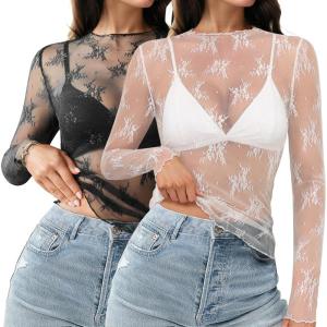imageHOTOUCH Womens Mesh Sheer Tops Long Sleeve Layering Top Mock Neck See Through Floral Lace Shirt BlouseBlack  White
