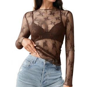 imageHOTOUCH Womens Mesh Sheer Tops Long Sleeve Layering Top Mock Neck See Through Floral Lace Shirt BlouseBrown