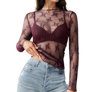 imageHOTOUCH Womens Mesh Sheer Tops Long Sleeve Layering Top Mock Neck See Through Floral Lace Shirt BlouseBurgundy