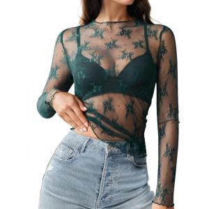 imageHOTOUCH Womens Mesh Sheer Tops Long Sleeve Layering Top Mock Neck See Through Floral Lace Shirt BlouseGreen