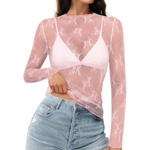 imageHOTOUCH Womens Mesh Sheer Tops Long Sleeve Layering Top Mock Neck See Through Floral Lace Shirt BlousePink