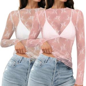 imageHOTOUCH Womens Mesh Sheer Tops Long Sleeve Layering Top Mock Neck See Through Floral Lace Shirt BlouseWhite  Pink