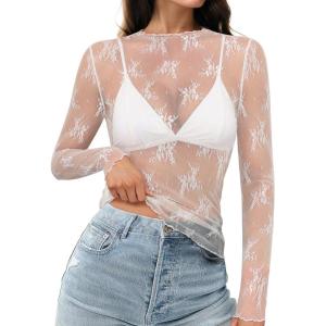imageHOTOUCH Womens Mesh Sheer Tops Long Sleeve Layering Top Mock Neck See Through Floral Lace Shirt BlouseWhite