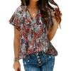imageHOTOUCH Womens Casual Short Sleeve Shirts Summer Printed V Neck Blouses Drawstring Ruffled Boho T Shirt Flowy TunicBoho Floral