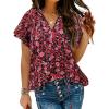 imageHOTOUCH Womens Casual Short Sleeve Shirts Summer Printed V Neck Blouses Drawstring Ruffled Boho T Shirt Flowy TunicFloral Red