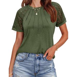 imageHOTOUCH Lace Tops for Women Short Sleeve Summer Shirts Trendy Fashion Pleated Dressy Casual Blouses Holiday OutfitsShort Sleeve Army Green