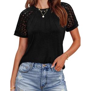 imageHOTOUCH Lace Tops for Women Short Sleeve Summer Shirts Trendy Fashion Pleated Dressy Casual Blouses Holiday OutfitsShort Sleeve Black