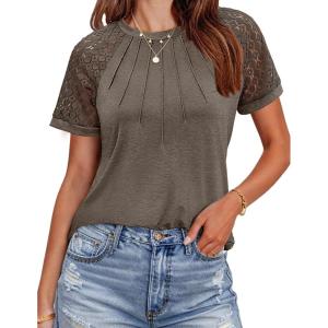 imageHOTOUCH Lace Tops for Women Short Sleeve Summer Shirts Trendy Fashion Pleated Dressy Casual Blouses Holiday OutfitsShort Sleeve Brown