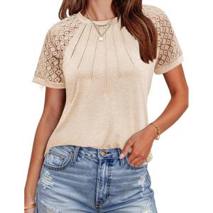 imageHOTOUCH Lace Tops for Women Short Sleeve Summer Shirts Trendy Fashion Pleated Dressy Casual Blouses Holiday OutfitsShort Sleeve Champagne