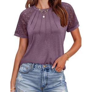 imageHOTOUCH Lace Tops for Women Short Sleeve Summer Shirts Trendy Fashion Pleated Dressy Casual Blouses Holiday OutfitsShort Sleeve Fuchsia