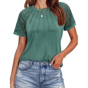 imageHOTOUCH Lace Tops for Women Short Sleeve Summer Shirts Trendy Fashion Pleated Dressy Casual Blouses Holiday OutfitsShort Sleeve Green