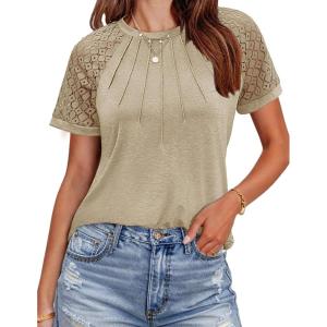 imageHOTOUCH Lace Tops for Women Short Sleeve Summer Shirts Trendy Fashion Pleated Dressy Casual Blouses Holiday OutfitsShort Sleeve Khaki