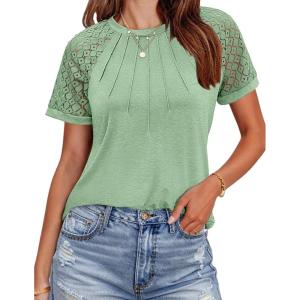 imageHOTOUCH Lace Tops for Women Short Sleeve Summer Shirts Trendy Fashion Pleated Dressy Casual Blouses Holiday OutfitsShort Sleeve Light Green