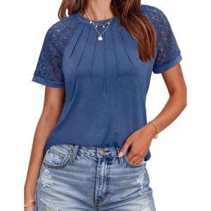 imageHOTOUCH Lace Tops for Women Short Sleeve Summer Shirts Trendy Fashion Pleated Dressy Casual Blouses Holiday OutfitsShort Sleeve Navy