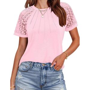 imageHOTOUCH Lace Tops for Women Short Sleeve Summer Shirts Trendy Fashion Pleated Dressy Casual Blouses Holiday OutfitsShort Sleeve Pink