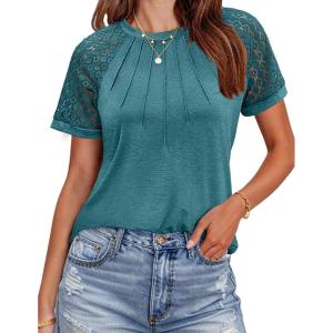 imageHOTOUCH Lace Tops for Women Short Sleeve Summer Shirts Trendy Fashion Pleated Dressy Casual Blouses Holiday OutfitsShort Sleeve Teal
