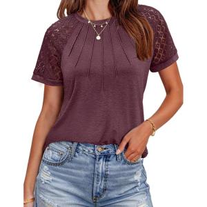 imageHOTOUCH Lace Tops for Women Short Sleeve Summer Shirts Trendy Fashion Pleated Dressy Casual Blouses Holiday OutfitsShort Sleeve Wine Red