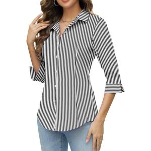 imageHOTOUCH Women Button Down Shirts 34 Sleeve Basic Business Dress Shirt Slim Fitted Classic V Neck Button Up Work Blouse TopsBlack Stripes