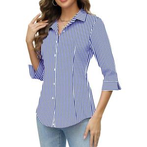 imageHOTOUCH Women Button Down Shirts 34 Sleeve Basic Business Dress Shirt Slim Fitted Classic V Neck Button Up Work Blouse TopsBlue Stripes
