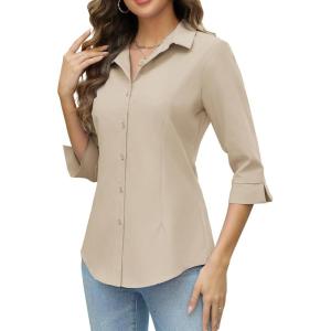 imageHOTOUCH Women Button Down Shirts 34 Sleeve Basic Business Dress Shirt Slim Fitted Classic V Neck Button Up Work Blouse TopsKhaki