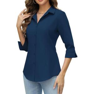 imageHOTOUCH Women Button Down Shirts 34 Sleeve Basic Business Dress Shirt Slim Fitted Classic V Neck Button Up Work Blouse TopsNavy Blue