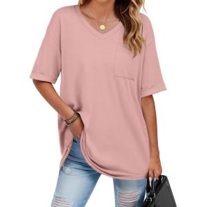 imageHOTOUCH Women Oversized T Shirts V Neck Short Sleeve Tees Casual Loose Tunic Summer Tops with PocketPink