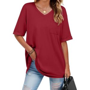 imageHOTOUCH Women Oversized T Shirts V Neck Short Sleeve Tees Casual Loose Tunic Summer Tops with PocketRed