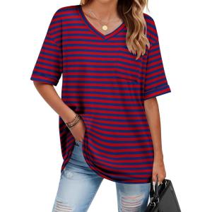 imageHOTOUCH Women Oversized T Shirts V Neck Short Sleeve Tees Casual Loose Tunic Summer Tops with PocketRed and Blue