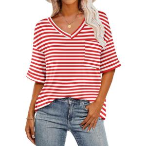 imageHOTOUCH Women Oversized T Shirts V Neck Short Sleeve Tees Casual Loose Tunic Summer Tops with PocketRed and White