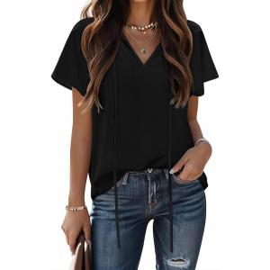 imageHOTOUCH Womens Casual Short Sleeve Shirts Summer Printed V Neck Blouses Drawstring Ruffled Boho T Shirt Flowy TunicBlack