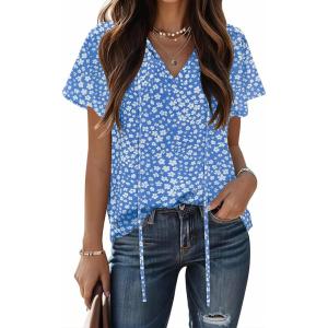 imageHOTOUCH Womens Casual Short Sleeve Shirts Summer Printed V Neck Blouses Drawstring Ruffled Boho T Shirt Flowy TunicBlue Floral