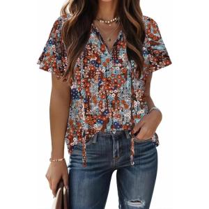imageHOTOUCH Womens Casual Short Sleeve Shirts Summer Printed V Neck Blouses Drawstring Ruffled Boho T Shirt Flowy TunicBoho Floral