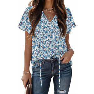imageHOTOUCH Womens Casual Short Sleeve Shirts Summer Printed V Neck Blouses Drawstring Ruffled Boho T Shirt Flowy TunicFloral Blue