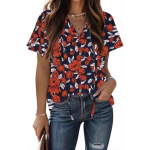 imageHOTOUCH Womens Casual Short Sleeve Shirts Summer Printed V Neck Blouses Drawstring Ruffled Boho T Shirt Flowy TunicFloral Orange