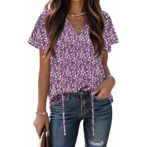 imageHOTOUCH Womens Casual Short Sleeve Shirts Summer Printed V Neck Blouses Drawstring Ruffled Boho T Shirt Flowy TunicFloral Purple