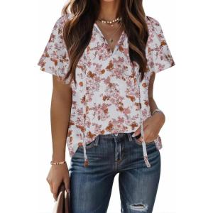 imageHOTOUCH Womens Casual Short Sleeve Shirts Summer Printed V Neck Blouses Drawstring Ruffled Boho T Shirt Flowy TunicFloral White
