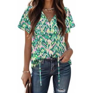 imageHOTOUCH Womens Casual Short Sleeve Shirts Summer Printed V Neck Blouses Drawstring Ruffled Boho T Shirt Flowy TunicGreen Geometric