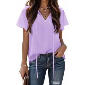 imageHOTOUCH Womens Casual Short Sleeve Shirts Summer Printed V Neck Blouses Drawstring Ruffled Boho T Shirt Flowy TunicLilac