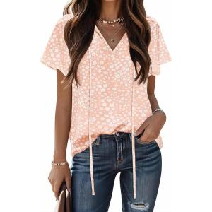 imageHOTOUCH Womens Casual Short Sleeve Shirts Summer Printed V Neck Blouses Drawstring Ruffled Boho T Shirt Flowy TunicPink Floral