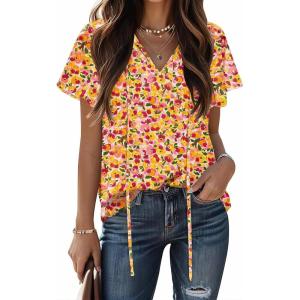 imageHOTOUCH Womens Casual Short Sleeve Shirts Summer Printed V Neck Blouses Drawstring Ruffled Boho T Shirt Flowy TunicVibrant Yellow Floral