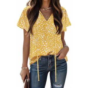 imageHOTOUCH Womens Casual Short Sleeve Shirts Summer Printed V Neck Blouses Drawstring Ruffled Boho T Shirt Flowy TunicYellow Floral