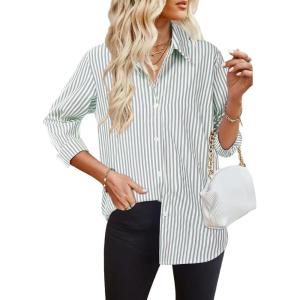 imageHOTOUCH Womens Striped Button Down Shirts Collared Shirt Casual Long Sleeve Business Office Work Blouses TopsGreen Striped